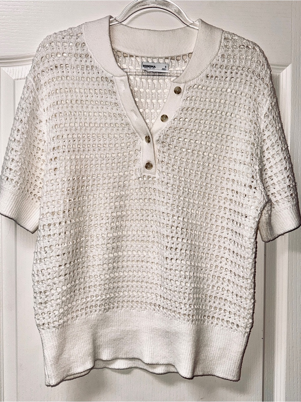 Sonoma Cream Open-Knit Short Sleeve Pullover, Sm.